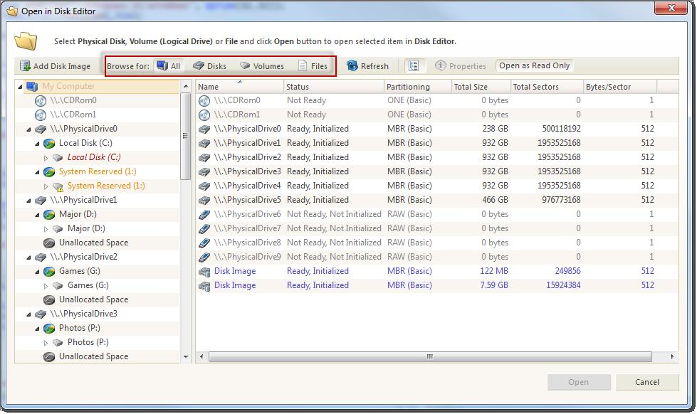 Advanced tools 88 Select an object in a list of disk objects. You may select a physical drive, a partition, or a logical drive. If you performed scanning before, you can also select a file.