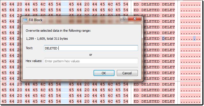 Advanced tools 98 into the Hex values edit field. If you want fill it with an 'ERASED' pattern, enter it as a text and it will be repeated as many times as necessary to fill the block.