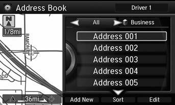 Personal Information Address Book Address Book H SETTINGS button Navi Settings Personal Info Address Book Store up to 200 address entries in two address books (Driver 1 and Driver 2).