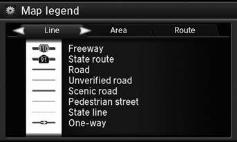 Map Map Legend Map Legend System Setup H SETTINGS button Navi Settings Map Map Legend See an overview of the map lines, areas, routes, traffic information, and navigation icons.