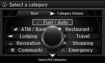 Entering a Destination Place Category Place Category Navigation H MENU button Place Category Select the category of a place (e.g., Banking, Lodging, Restaurant) stored in the map database to search for the destination.