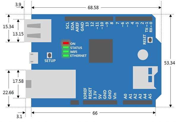 P4S-348 User Manual > Hardware Specifications Dimension The dimensions of PHPoC Shield for Arduino are as follows: (Unit: mm) Weight The weight is about 27.2g (without USB Wireless LAN dongle).
