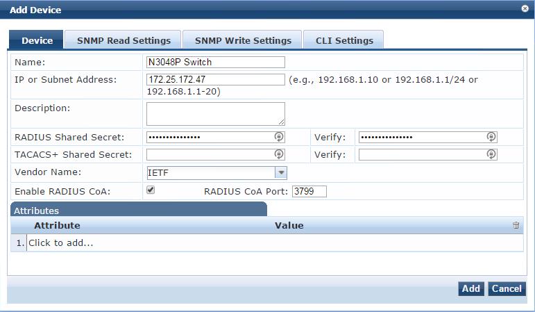 3.4.1 Add the N-Series Switch as a Network Device Before W-ClearPass will recognize authentication requests, the switch originating the request must be added to the list of network devices in