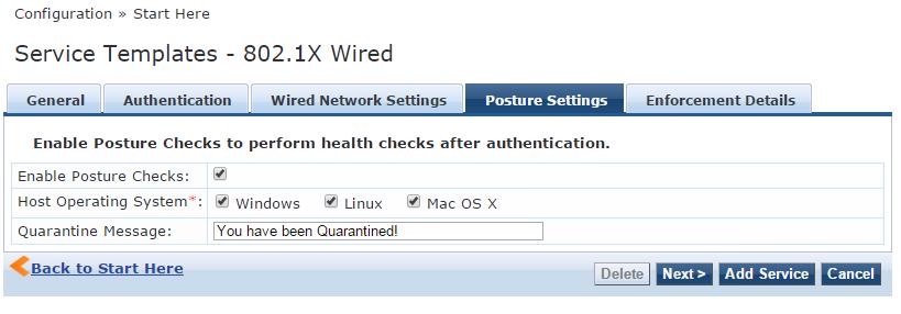 The Posture Settings tab (Figure 12) opens. 802.1X Wired Posture Settings Tab 9. Select the operating systems OnGuard needs to support. 10.