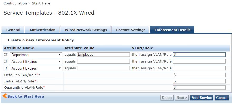 802.1X Wired Enforcement Details Tab 12. Enter the VLAN information for your network. At least one rule and the three VLAN/Role fields at the bottom of the list are required.