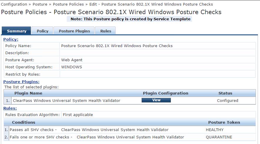 Edit the Posture Policy for Windows, Mac OS X and Linux Figure 16 shows the default policy that was created by the Service Template.