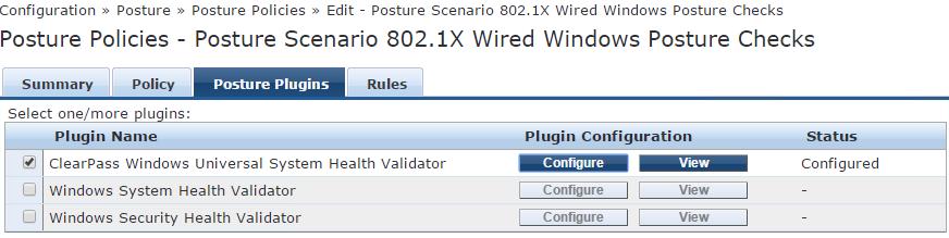3. To configure each individual posture check, select the Posture Plugins tab and click the Configure button (Figure 18) next to the ClearPass Windows Universal System Health Validator (a.k.a. OnGuard).