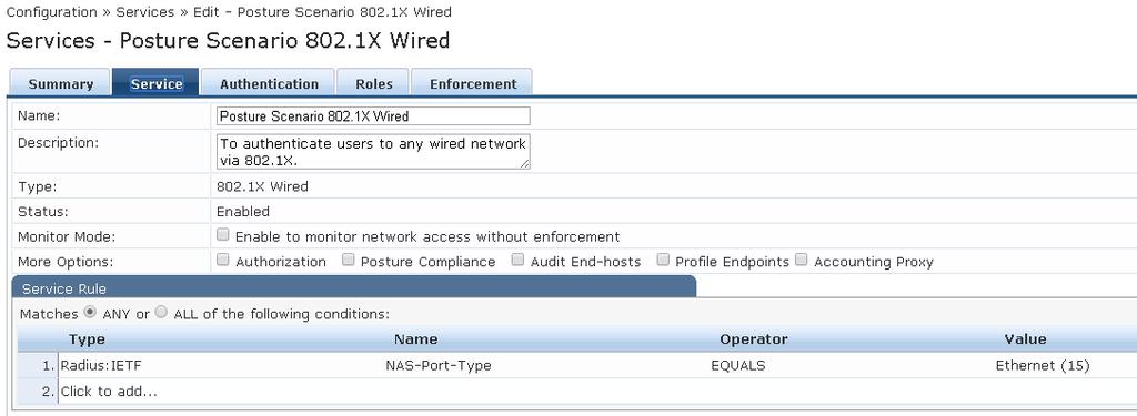 802.1X Wired Service - Service tab 4. Move to the Authentication tab (Figure 29). This example uses Microsoft Active Directory with username/password for the credentials.