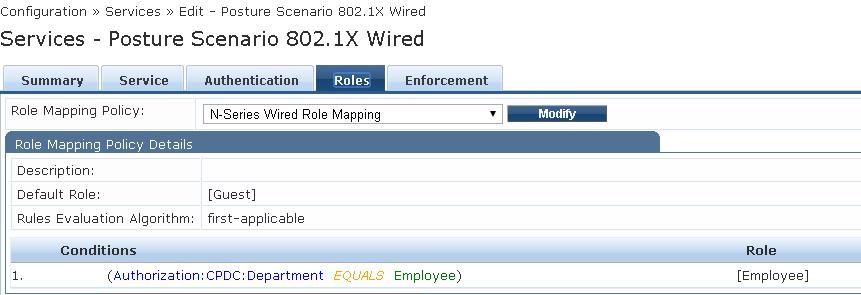 802.1X Wired Service- Roles tab 9. Move to the Enforcement tab. The template populates the appropriate Enforcement Policy in the dropdown menu. 10.