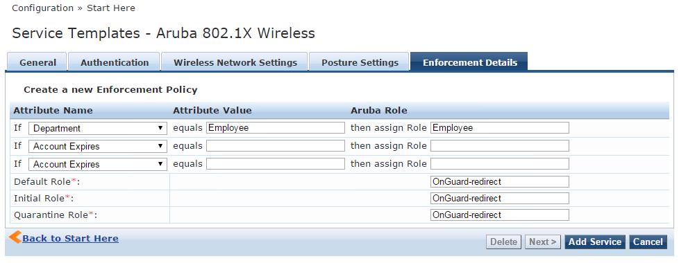 Click Next > The Enforcement Details tab (Figure 53) opens. Aruba 802.1X wireless Enforcement Details Tab 12. Enter in the user role information configured on the wireless controller.