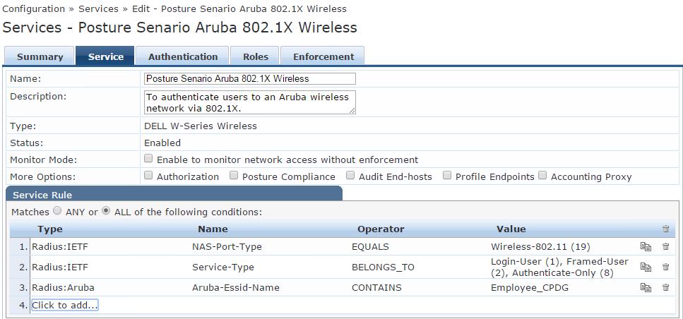 802.1X Wireless Service - Service tab 5. Move to the Authentication tab (Figure 62). This example uses Microsoft Active Directory with username/password for the credentials.