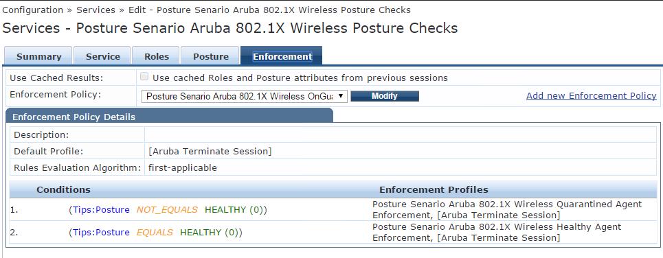802.1X Wireless Posture Enforcement tab 19. Click Save to save the Service. Configuration of the W-ClearPass Services to include all supporting policies and roles is now complete. 4.