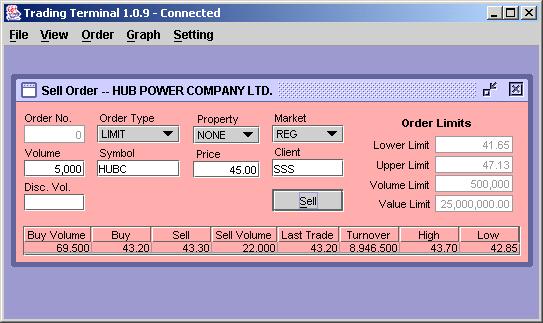 3.5.2 Sell Order (F5) User can place sell orders through this window, which also shows the best market and last trade