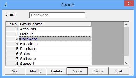 9.Group Master: Follow these steps: MAIN MENU -> MASTERS -> GROUP The purpose of this form is to create Groups to assign to employees in the Employee Master.