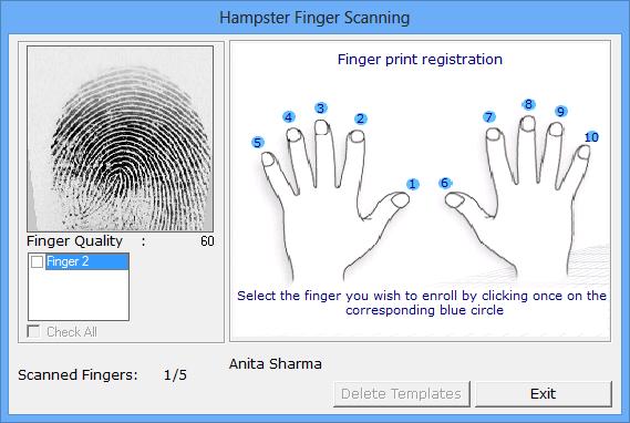 Selected finger can be deleted from the database using Delete Template button. 10.3.
