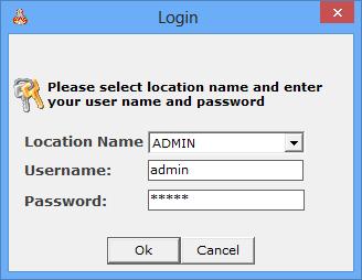 1.Login Screen: Select location from location box, enter valid user name in USERNAME text box, enter valid password in PASSWORD text box, and click on OK button.