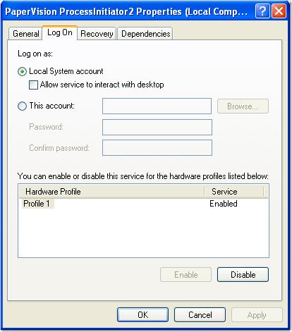 Appendix C Changing the Windows Service Account 4. Select the Log On tab. The PaperVision ProcessInitiator Properties Log On screen appears. PaperVision ProcessInitiator Properties Log On 5.