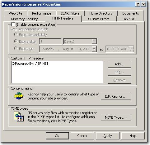 Appendix F Configuring Microsoft IIS 6.0 and 7.0 20. Re-enter the password, and then click OK. The Web Site Properties Directory Security screen is displayed. 21. Select the HTTP Headers tab.
