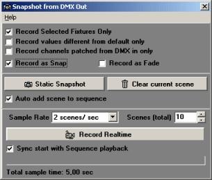 130 9.7 LightJockey Help Snapshot and recording from DMX output Using snapshot and real-time recording to capture the current DMX output and convert it into static scenes in the current sequence.