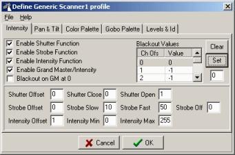 User definable fixture profiles 249 19.2.3 Defining Scanner 1 intensity control Scanner 1 profile - Intensity tab Use this dialog to set up the intensity control definitions.