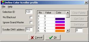 User definable fixture profiles 255 Color scroller definition dialog No Blackout - by default the color scroller will blackout 195 by reducing the level of the intensity control to 0.