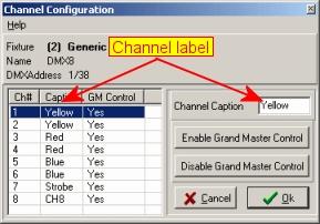 86 LightJockey Help Channel configuration dialog To customize the channel labels for each of the control channels, right-click the fixture icon on the desktop, then from the popup menu select Define