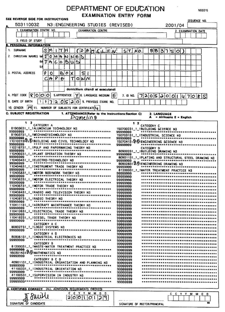EXAMPLE OF AN EXAMINATION ENTRY FORM National N Certificate