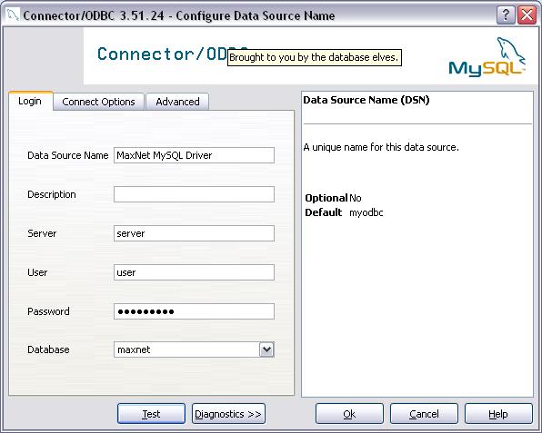Figure 2 II 2 MyODBC Connector Configuration Screen 6. If the Database drop down box can browse to the MaxNet folder, the driver is configured correctly. Click OK. Do the same for the System DSN tab.