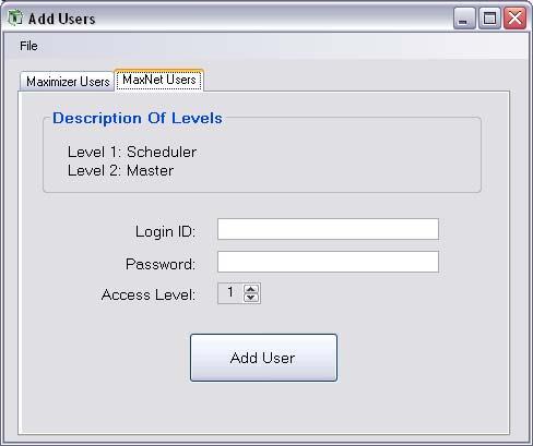 Figure 5 II B 2 Add MaxNet User Figure 5D shows the initial page load of the Add Users page. There are two tabs, Maximizer Users and MaxNet Users.