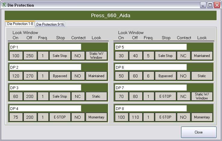 IX. Die Protection The die protection parameters can be viewed for each machine by right clicking on an activated press and selecting Die Protection from the context menu strip.