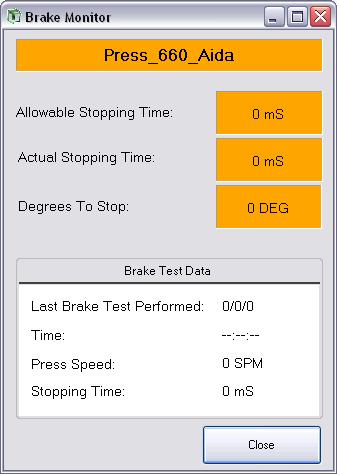 X. Brake Monitor The brake monitor parameters can be viewed by right clicking on an activated press and selected Brake Monitor from the context menu strip.