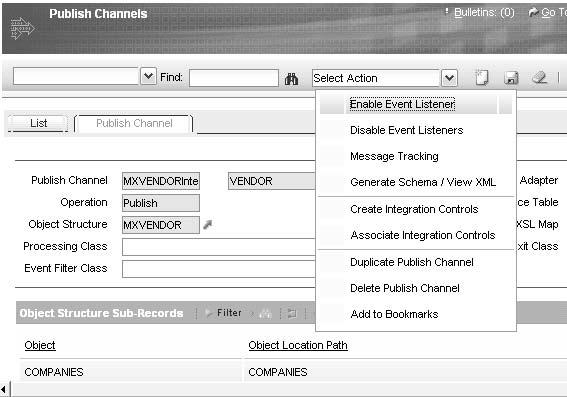 Navigate to Go To > Integration > Publish Channels. Find the MXVENDORInterface publish channel.