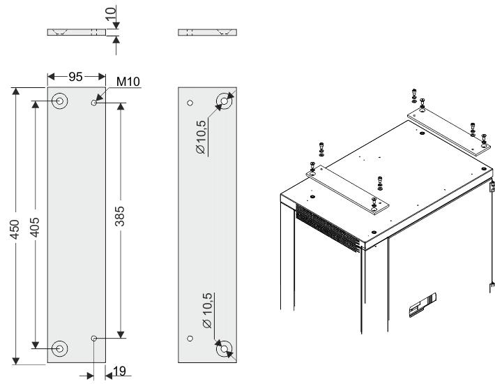 Fig. 4-6: Fastening the technology cabinet 1 View from above The diagram (>>> Fig. 4-7 ) shows the dimensions of the boreholes on the adapter rails for fastening the technology cabinet. Fig. 4-7: Technology cabinet, fastening on mounting rails 4.