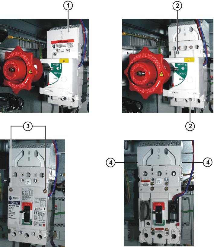 Fig. 8-6: Main switch covers 1 Upper cover 2 Rotary actuator fastening 3 Auxiliary switch cover fastening 4 Cable connections cover 3.