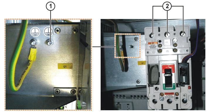 8 Start-up and recommissioning Fig. 8-7: Main switch connections 1 PE connecting bolt 2 Main switch terminals 6.