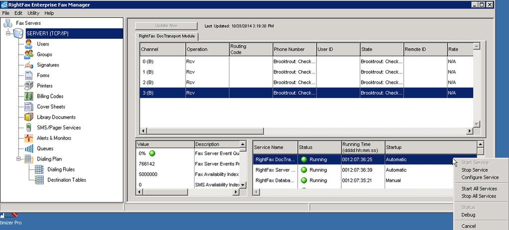 At the main window, highlight the host name of the fax server (created during the installation process) from the navigation menu in the left pane: The Brooktrout SR140 was configured