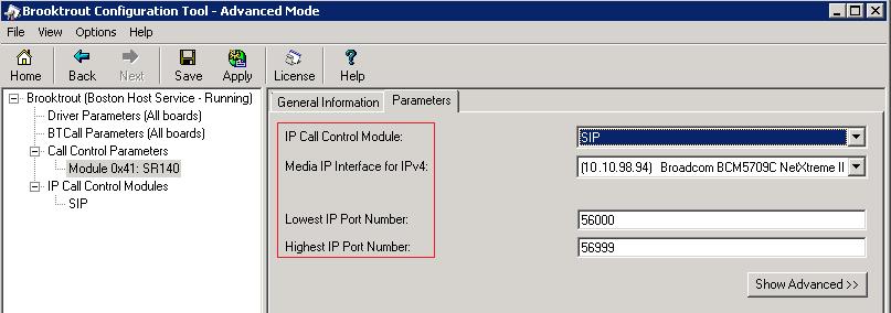 7.4. Configure Call Control Parameters Navigate to Brooktrout Call Control Parameters Module 0x41: SR140 in the left navigation menu.
