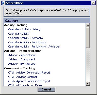 Dynamic Reports Category List From the Search Dynamic Reports dialog box, without entering any search criteria, click the New button to display the Category dialog box.