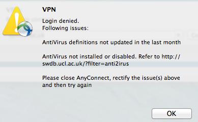 You are required to have an active anti-virus program on your machine. If you do not, you will see the following Login denied dialog box.