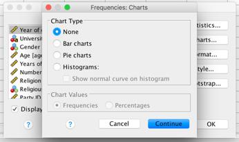 After the relevant variables are selected, click the "Charts" button on the right side of the box, which will allow you to select the type of chart/graph to be produced: Select whether you want to