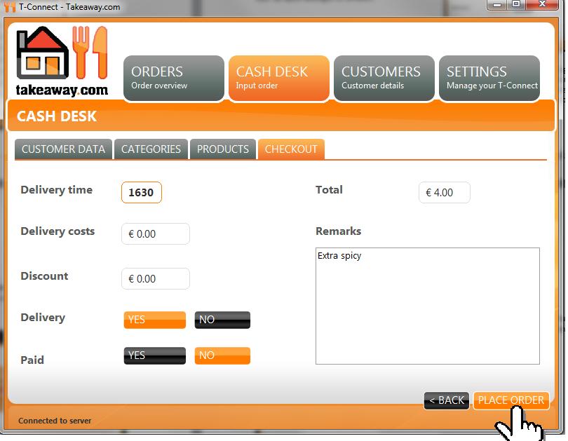 3.5 Checkout When you have entered the order a check out screen will appear. First the whole order will be displayed in a list, and then you can check out by selecting place order.