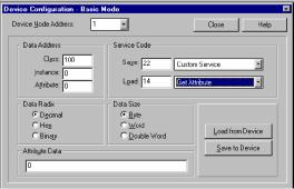 ACURO industry with DeviceNet Command save parameters to the EEPROM: Put in device node address Class: 100 Instance: 0 Attribute: 0 Service Code Save: 22 Send command via the save to device -button