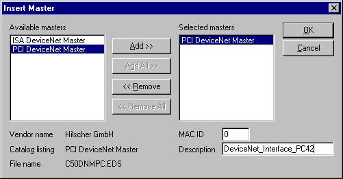 Enter a fieldbus master on the surface by clicking on the Master menu point in the "Insert" menu. A dialog window opens in which you can select the fieldbus card in your PC. Fig.