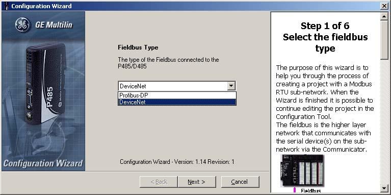 SOFTWARE OVERVIEW SELECT FIELDBUS TYPE The first step in the configuration wizard selects the fieldbus type.
