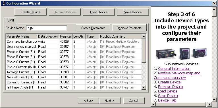 APPLICATION EXAMPLE 3. Select the PQMII.D01 file from the list and click on Open. 4. The software will display a list of the most commonly used parameters configured for the PQMII.