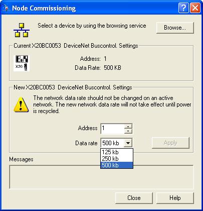 Rockwell software Integrating B&R DeviceNet bus controllers Information: Figure 9: Setting the baud rate While automatic transfer rate recognition is running, both DeviceNet LEDs are switched off
