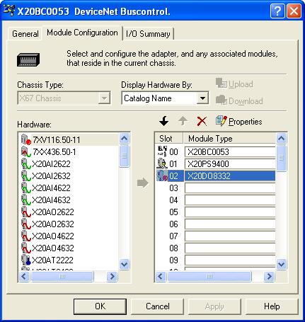 Rockwell software Integrating B&R DeviceNet bus controllers Module configuration In the Module Configuration section, you can add modules intended for the X2X Link.