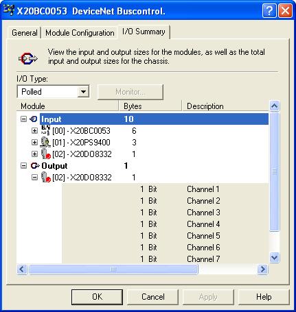 Rockwell software Integrating B&R DeviceNet bus controllers I/O summary Under the "I/O Summary" tab there is a summary of all input and output data s.