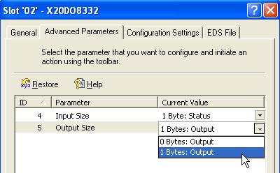 Figure 15: Setting the output bytes The "Configuration Settings" tab lists a summary of all used input and output data.