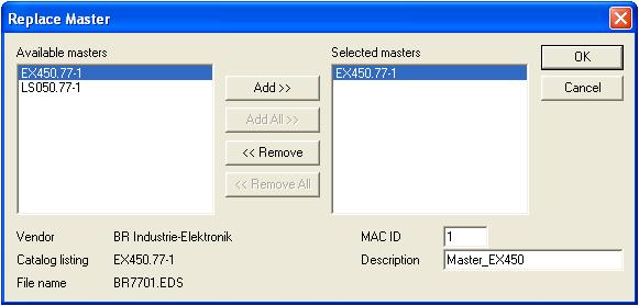 B&R Fieldbus Configurator Create a DeviceNet configuration In the example, the module EX450.77-1 is selected as DeviceNet master. Figure 37: Master selection After selecting the master (EX450.